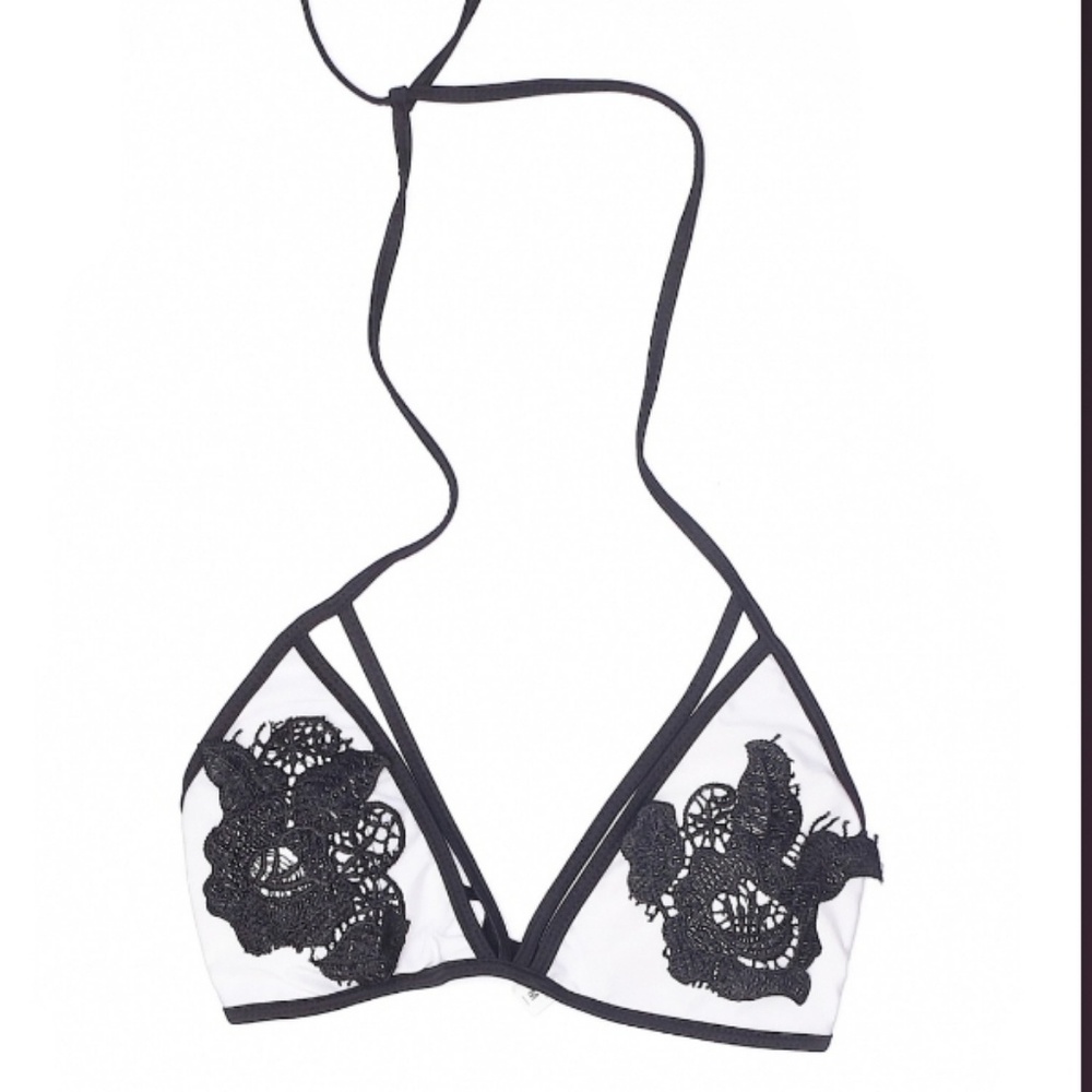 Black and white applique bikini swim top Med